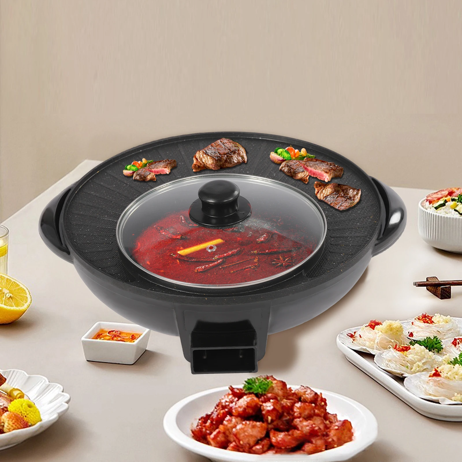 

Multifunctional Electric Hot Pot with Grill Pan, 0-180℃ Temperature Control, Clear Lid 27.56in Cord for BBQ/Frying/Stewing/Soup