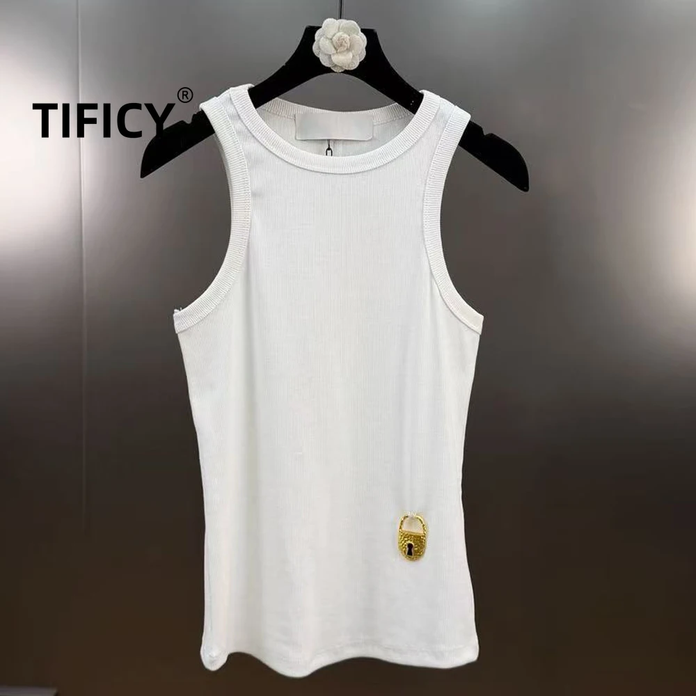 

High Street Tanks Tops Women's Cotton Summer New Metal F-letter Decorative Pit Stripe Slim Fit Versatile Pure Cotton Tank Top