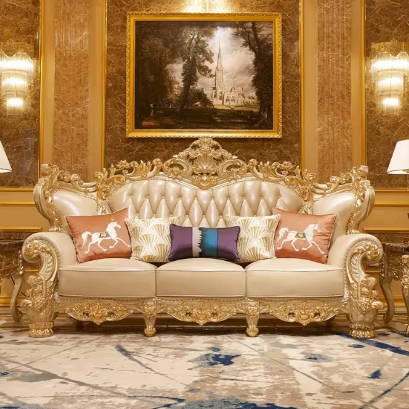 

High-end luxury royal pure leather European sofa combination living room champagne gold solid wood sofa hotel villa sofa
