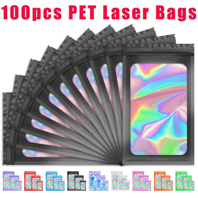 

100pcs Holographic Ziplock Bags PET Laser Film+Glossy Film Zip Bag for Manicure Eyelash Display Earring Ring Jewelry Storage bag