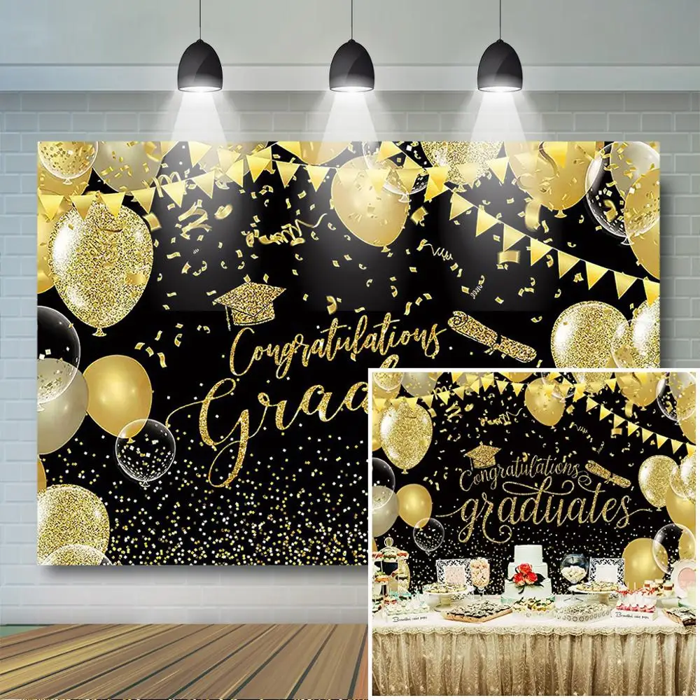 Mocsicka Class Graduation Backdrop Congrats Grad Class Celebration Party Decor Black and Gold Glitter Balloon Photo Background