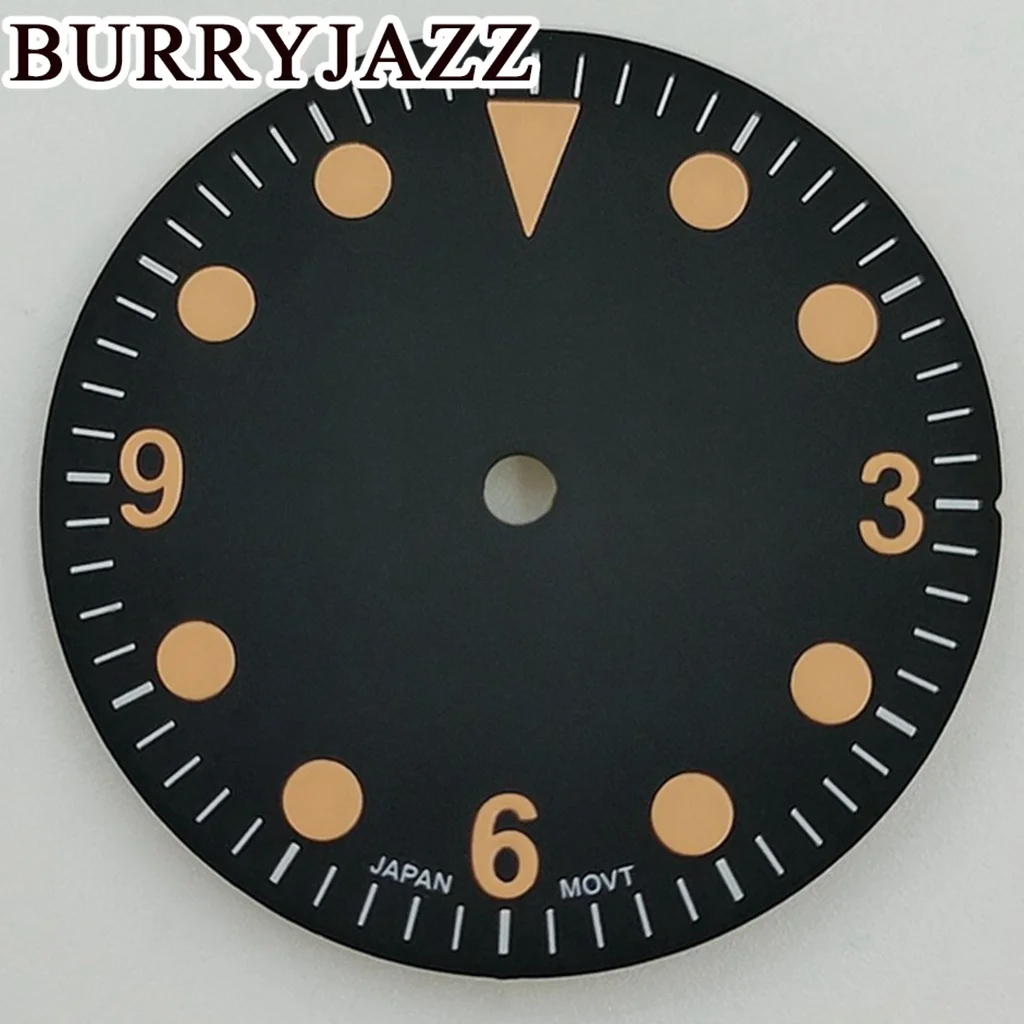 BURRYJAZZ 28.5mm No Logo NH35 NH36 Watch Dials Black Dial Green Luminous Fit 3 O'clock 3.8 O'clock Case Crown