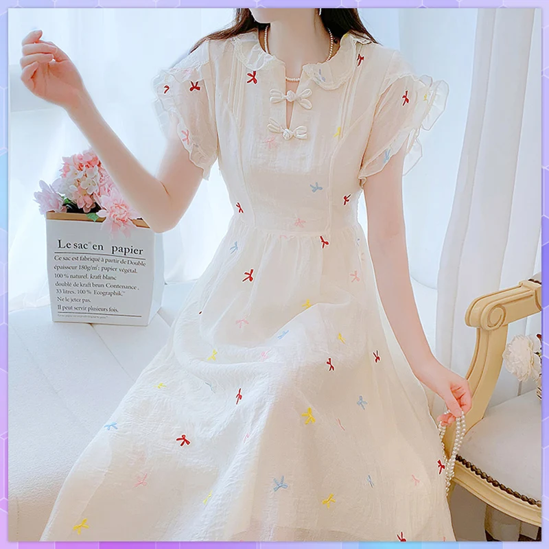 Chinese Style Women Long Dresses Summer Cheongsam Lace Embroidered Bow Short Sleeve Vintage Sundress Fairy Beach Dress Vestidos