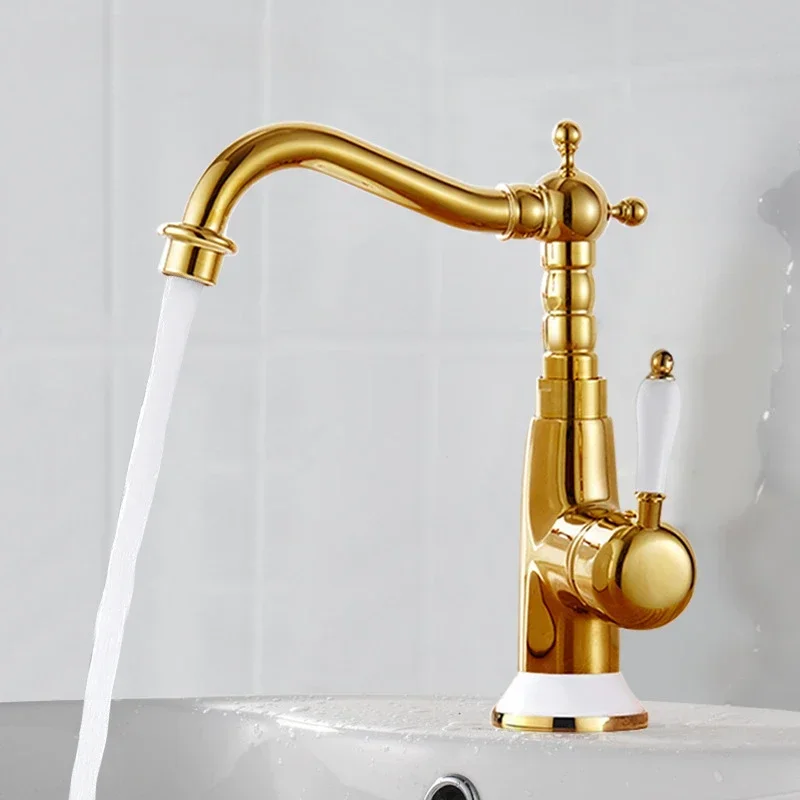 French All-copper Gold Ceramic Basin Faucet Household Bathroom Counter Basin Kitchen Hot and Cold Sink Faucet