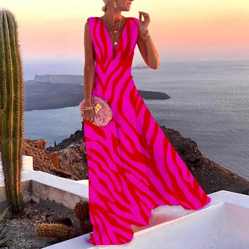 Elegancka długa sukienka na imprezę dla kobiet Letnia sukienka plażowa bez rękawów z nadrukiem Boho Sexy sukienka maxi z dekoltem w szpic Femme