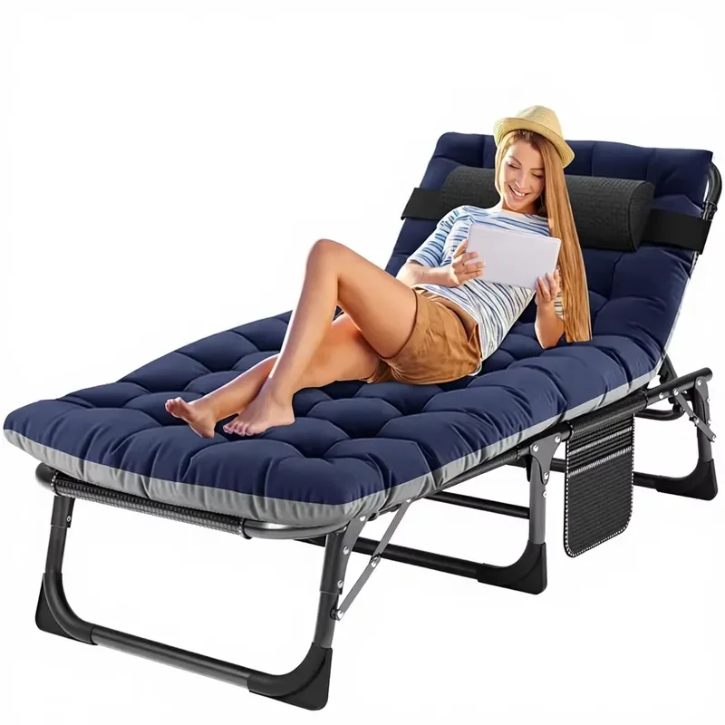 5 Position Collapsible Metal Frame Lounger Camping Bed Foldable Beach Pool Sunbathing Chair Outdoor Relaxing Furniture