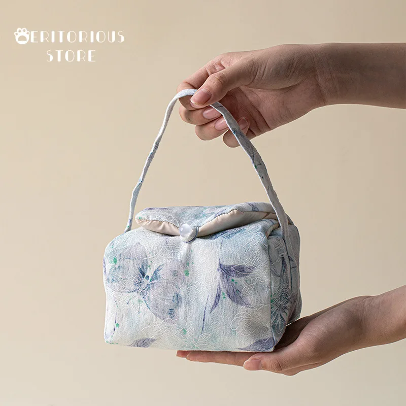 Brocade Blue Butterfly Tea Ceremony Bag Various Tea Cozy Handmad Embroidery Cup Storage Travel Camping Tea Bag Portable Handbag