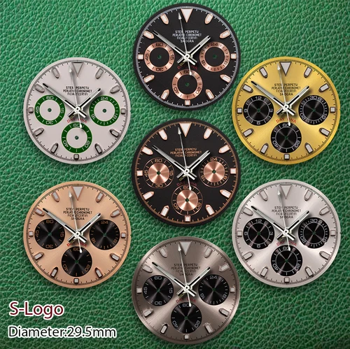 Imagen 1 del producto Esfera Panda con logotipo S de 29,5mm, sin manecillas, círculo interior negro, verde luminoso, adecuado para accesorios de modificación de reloj de movimiento VK63