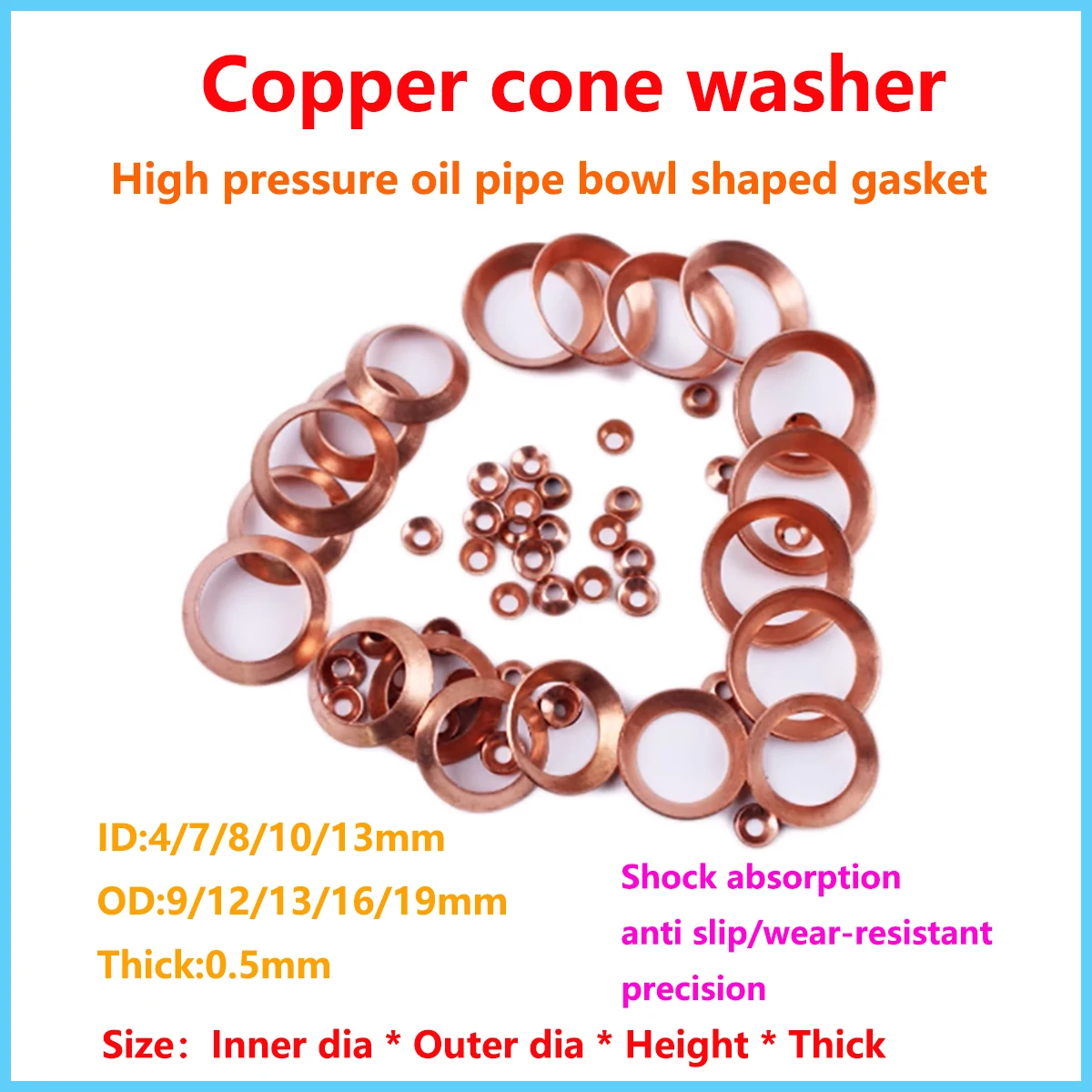 

Copper Conical Gasket High-Pressure Oil Pipe Interface Gasket, Disc-Shaped Bowl Shaped Gasket For Air Conditioning,Thick 0.5mm