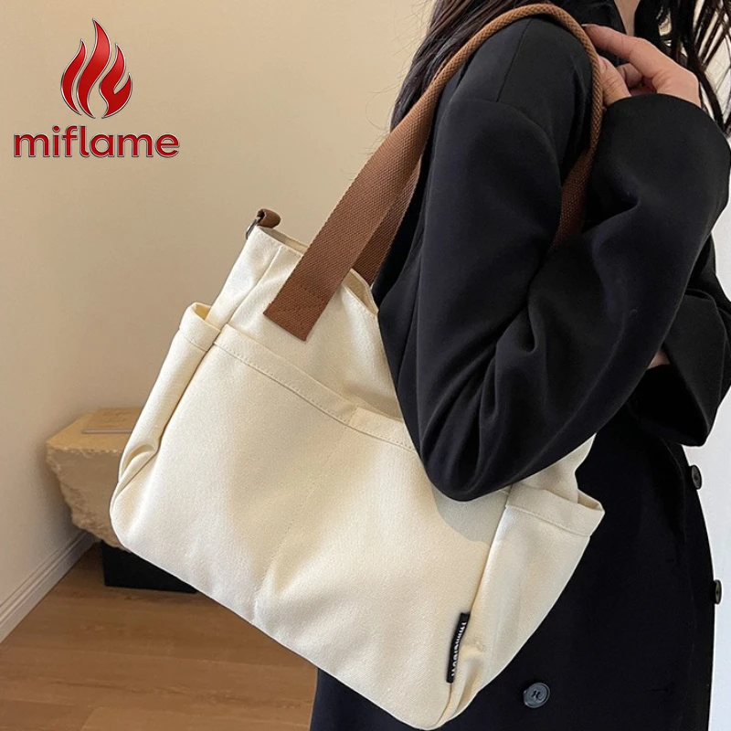 

Women's Minimalist Solid Color Canvas Shoulder Tote Bag with Crossbody Strap Large Capacity Casual College Daily Bag