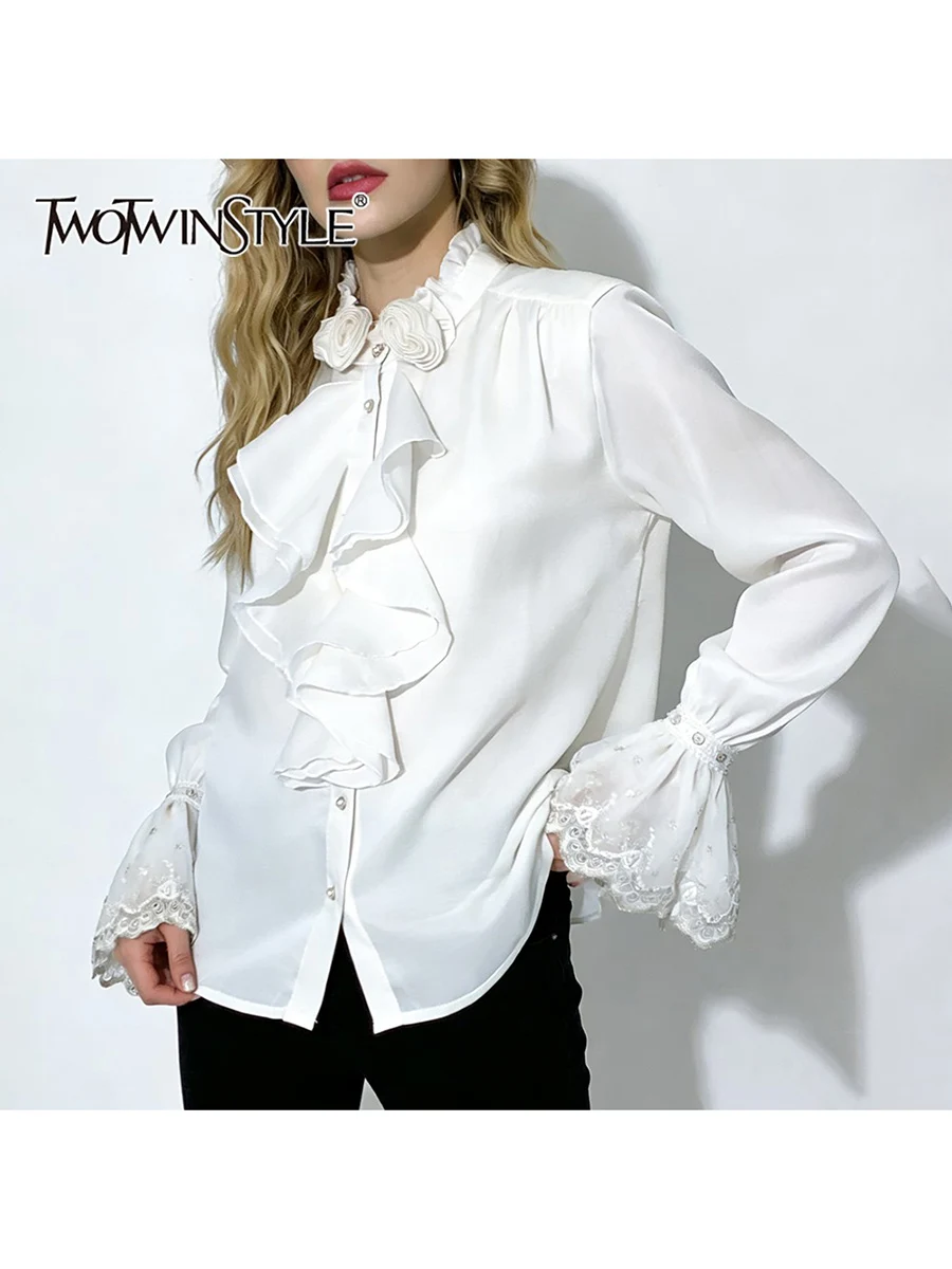 

TWOTWINSTYLE Solid Spliced 3D Flower Elegant Shirts for Women Stand Enck Long Sleeves Patchwork Lace Sweet Shirt Female Clothing