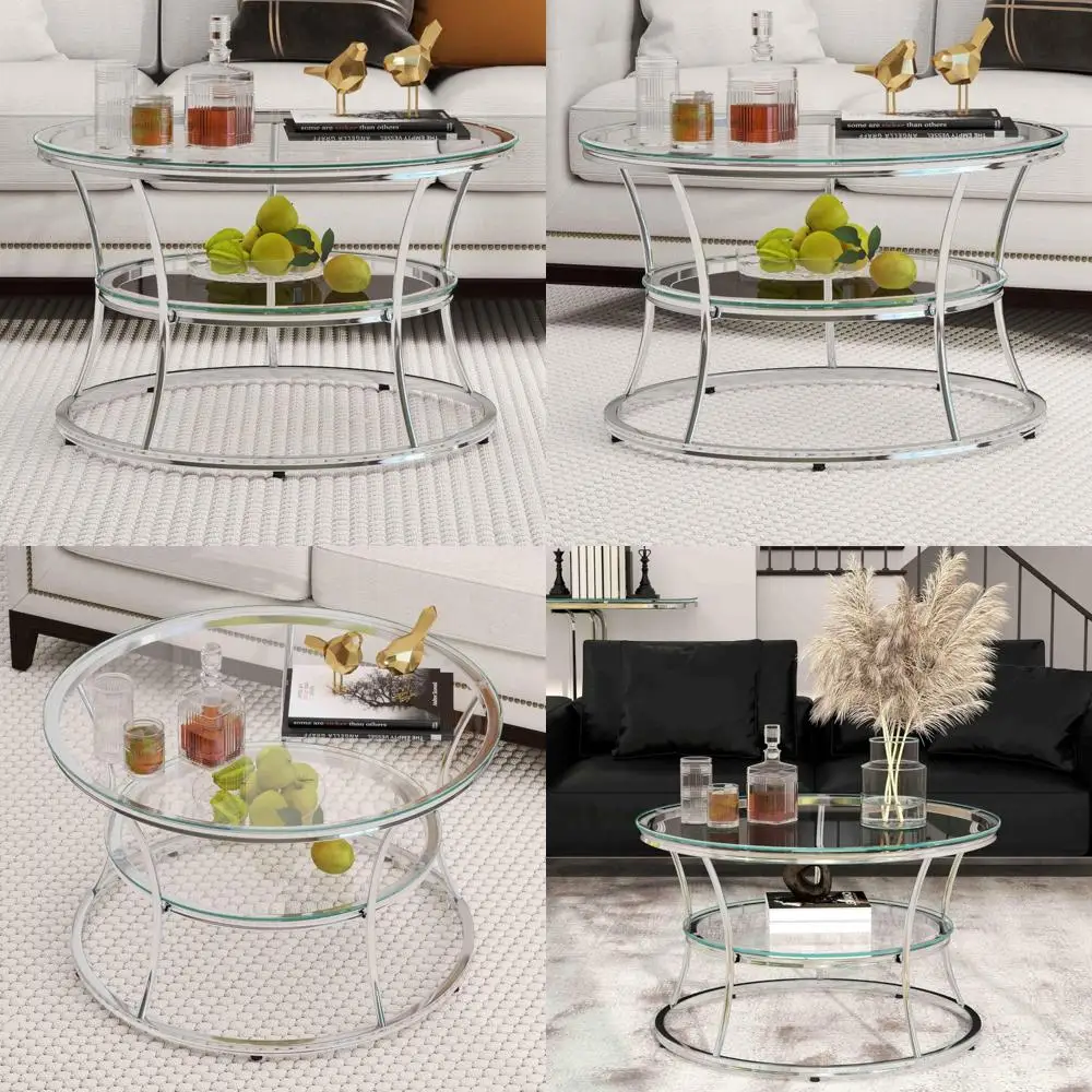 Modern 2-Tier Glass Coffee Table with Shelf, Tempered Glass and Chrome Frame for Living Room, Silver Centerpiece