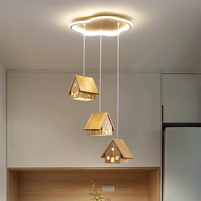

Modern Solid Wood Children's Room Pendant Lamp Creative Cabin Design Chandelier for Bedroom Dining Room Nursery Baby Room Decor