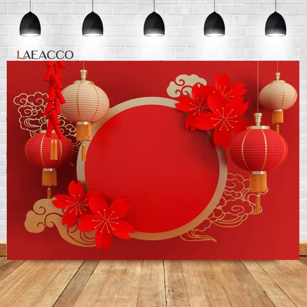 Laeacco Chinese Classical Theme Spring Festival Backdrop Red Lantern Flowers Kids Adult New Year Portrait Photography Background