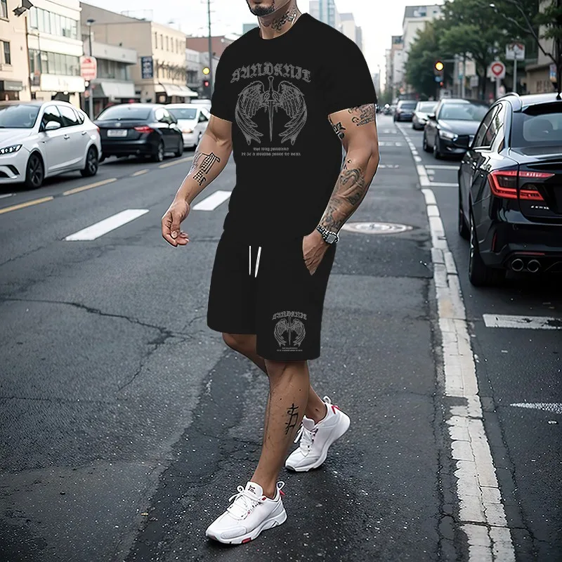 

2024 New Summer Men's Fitness Fashion Leisure Football Sportswear Set Quick drying Basketball Sportswear Short sleeved T-shirt+S