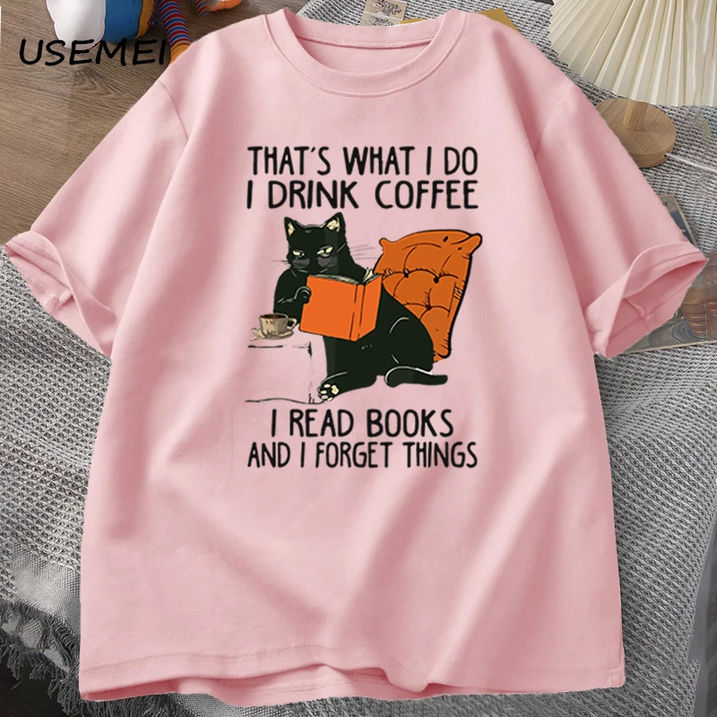 Cute Cat T-shirt for Women Men Books Coffee Cat Print T-shirts Funny Designer Cotton Comfortable Male Tee Shirt Male Clothing