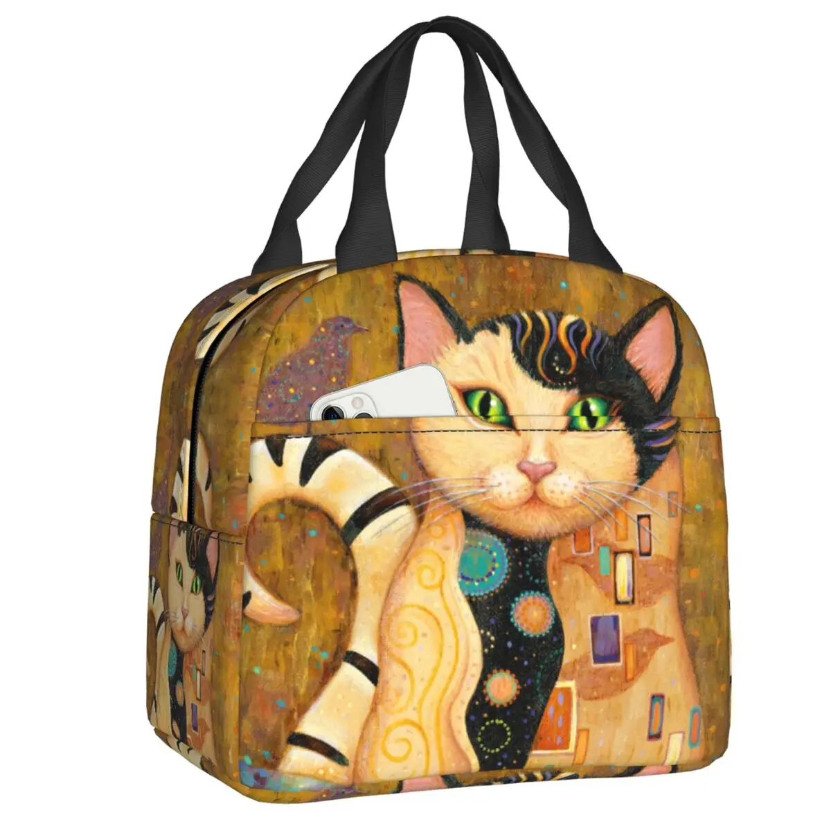 

Cat Painting Gustav Klimt Art Insulated Lunch Bag Reusable Thermal Cooler Lunch Box for Women Kids School Picnic Food Tote Bags