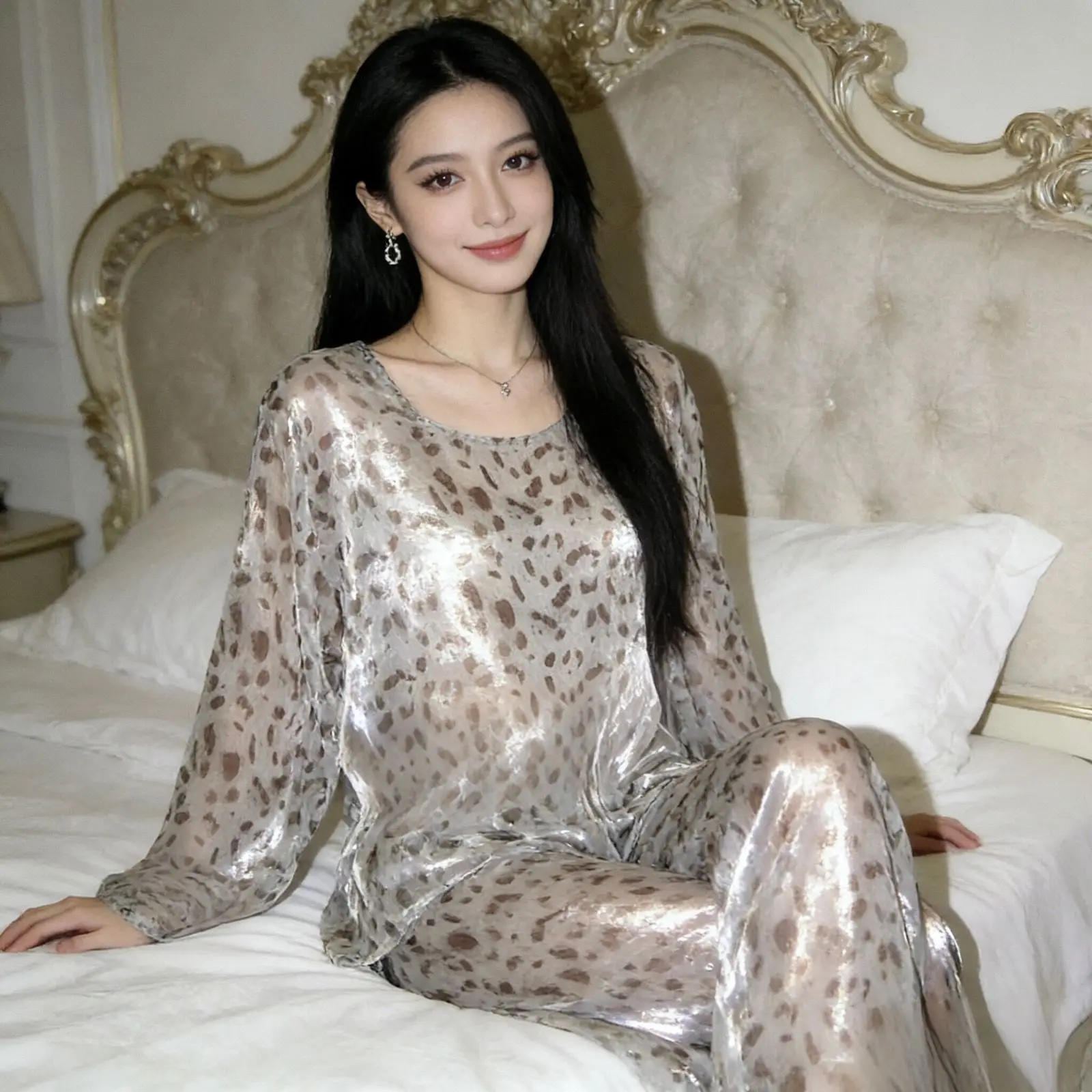 

Unisex glossy voile pajamas 2 pieces set Long sleeve women mesh oose sleeping plus size top pants