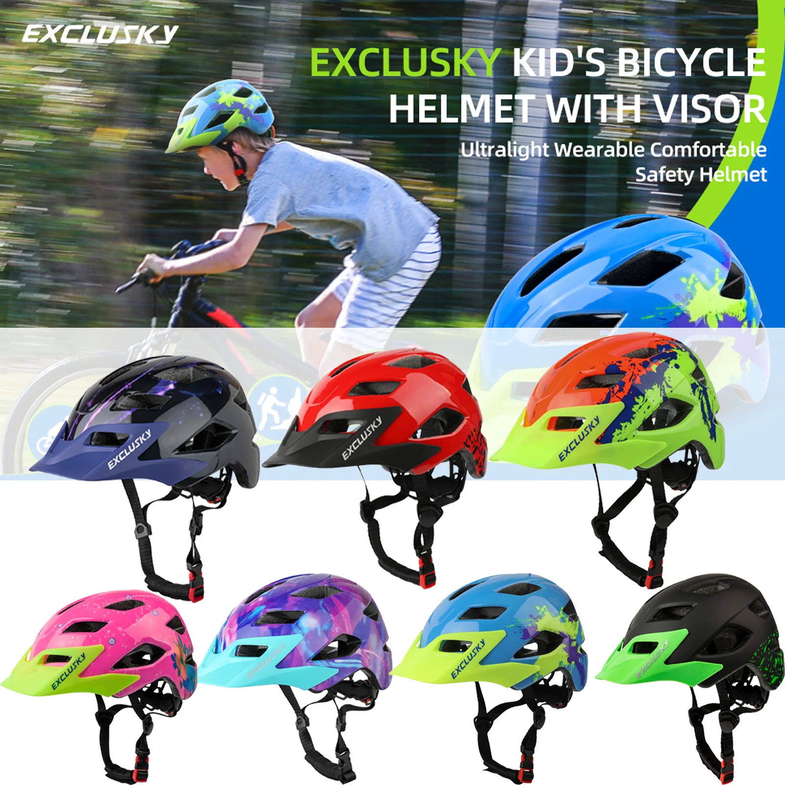 

Exclusky Child Bike Helmet Detachable Sun Visor Adjustable Ultralight Road Mountain Kid Safety Cycling Rollerskating Helmet