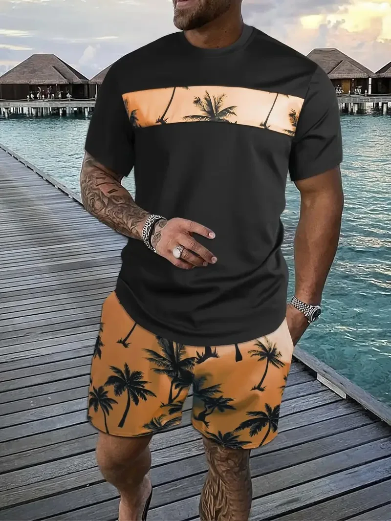 2pcs Men's Tropical Coconut Tree Print Loungewear Set For Summer Vacation Resorts