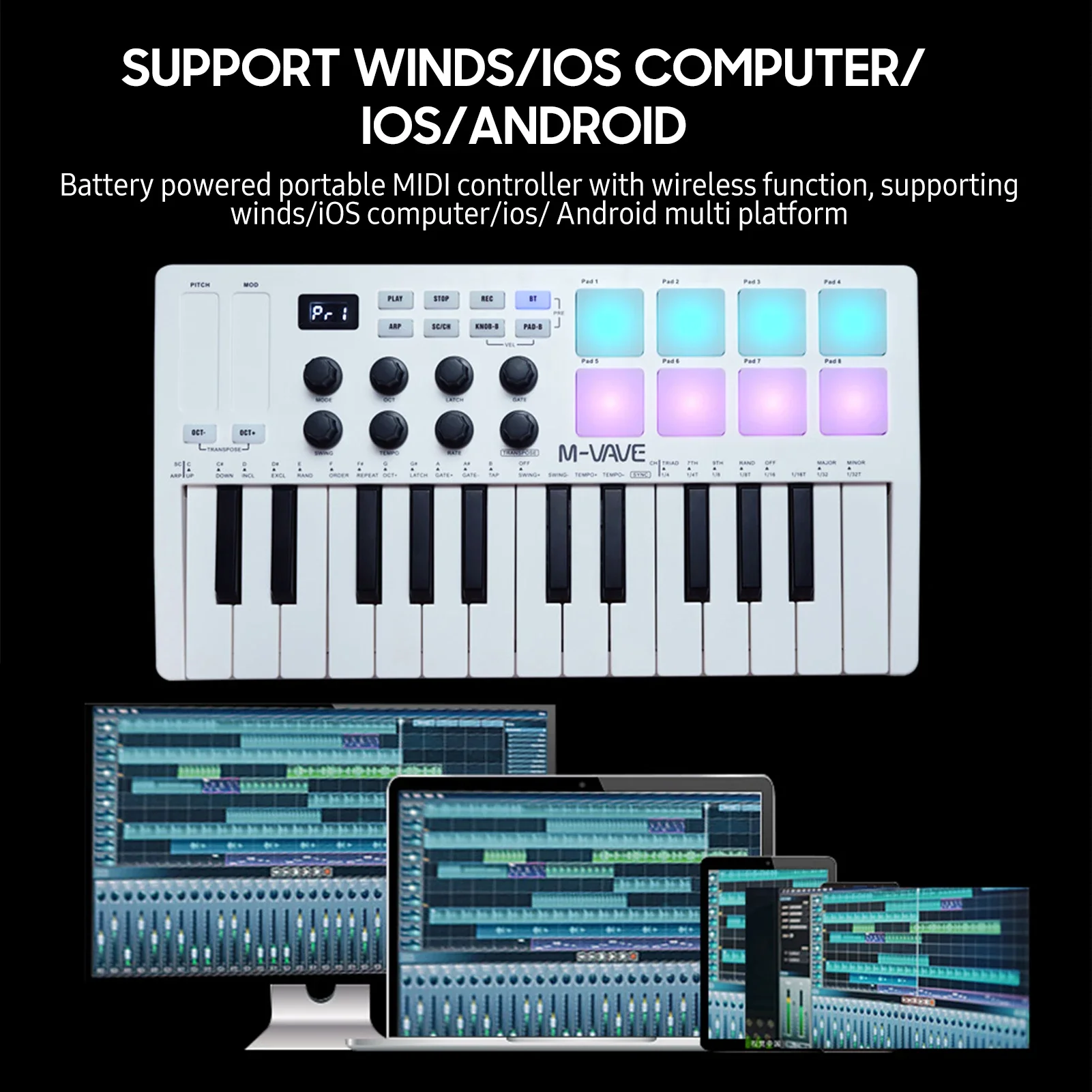 M-VAVE teclado controlador MIDI de 25 teclas teclado USB portátil Piano 8 almohadillas retroiluminadas RGB 8 perillas Mini controlador de teclado MIDI