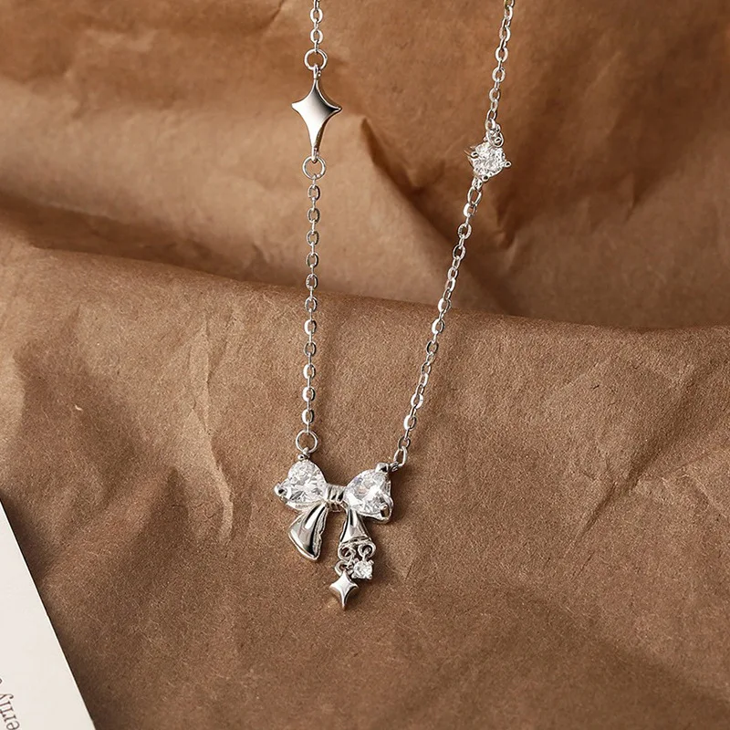 

Серебряное ожерелье с бантом феи, женское ожерелье с вспышкой из циркония, модная подвеска с четырехконечной звездой, цепочка на ключицу