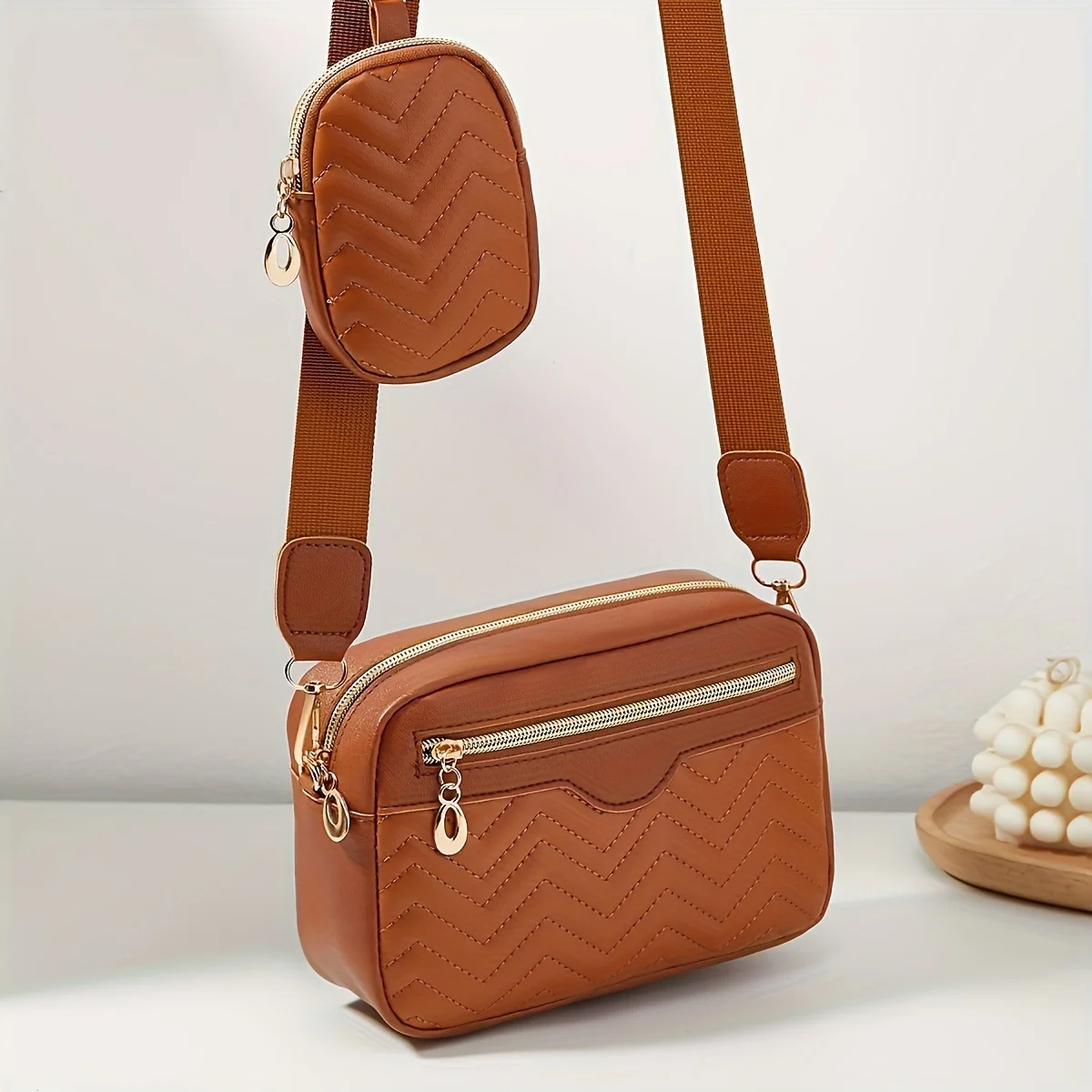 Lässige, minimalistische, quadratische Schultertasche, mit Mini-Hängegeldbörse, Umhängetasche mit gestepptem Muster für Damen, zweiteiliges Set – Detail 9