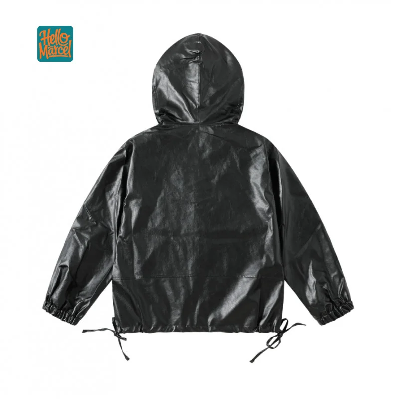 HELLOMARCEL EU US Size Luxury Quality Men'S Hoodie Street Wear Vintage Loose Fit Motorcycle PU Leather Hoodie Jacket For Men