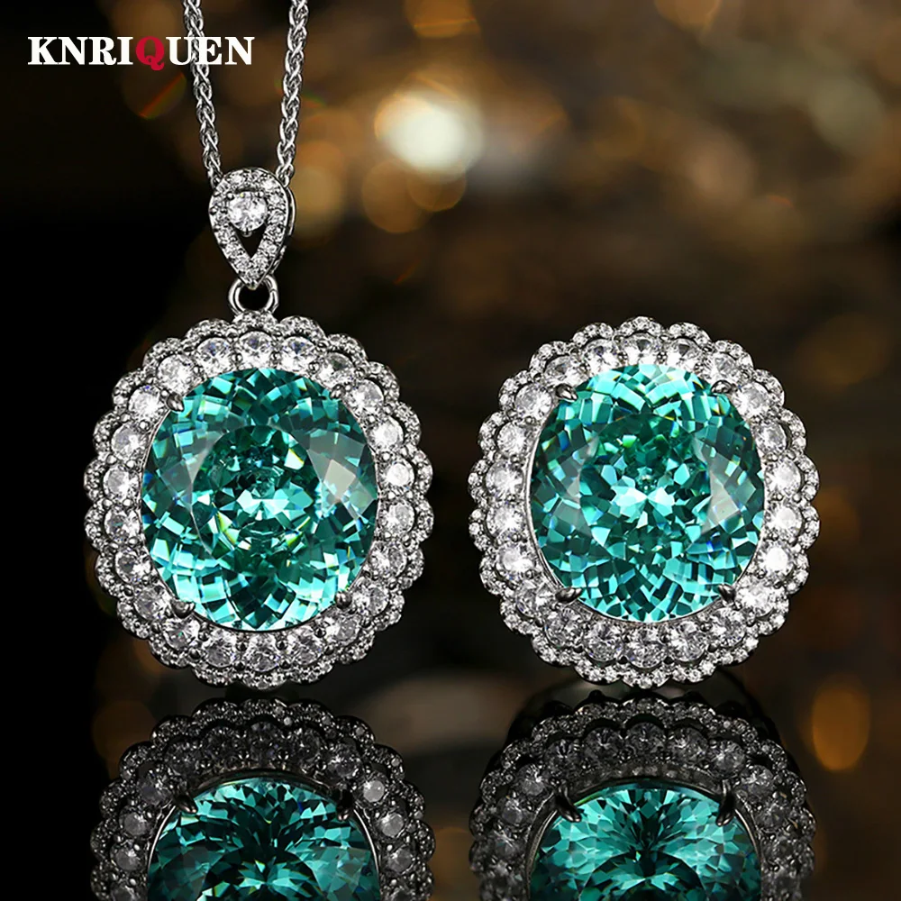 Retro 18*18mm Green Tourmaline Lab Diamond Jewelry Sets Ring Pendant Necklace for Women Cocktail Party Fine Set Anniversary Gift