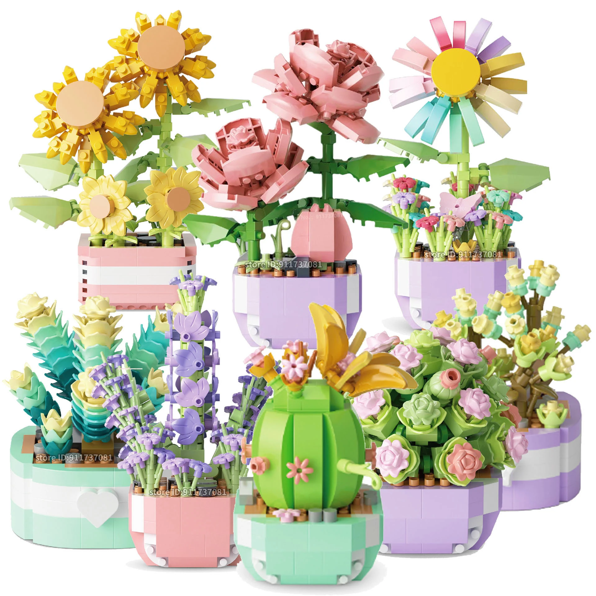 Flower Succulents Building Blocks Eternal Flower Bonsai Tree Garden Botanical Succulent Bricks DIY Potted Plants Model Kids Toys