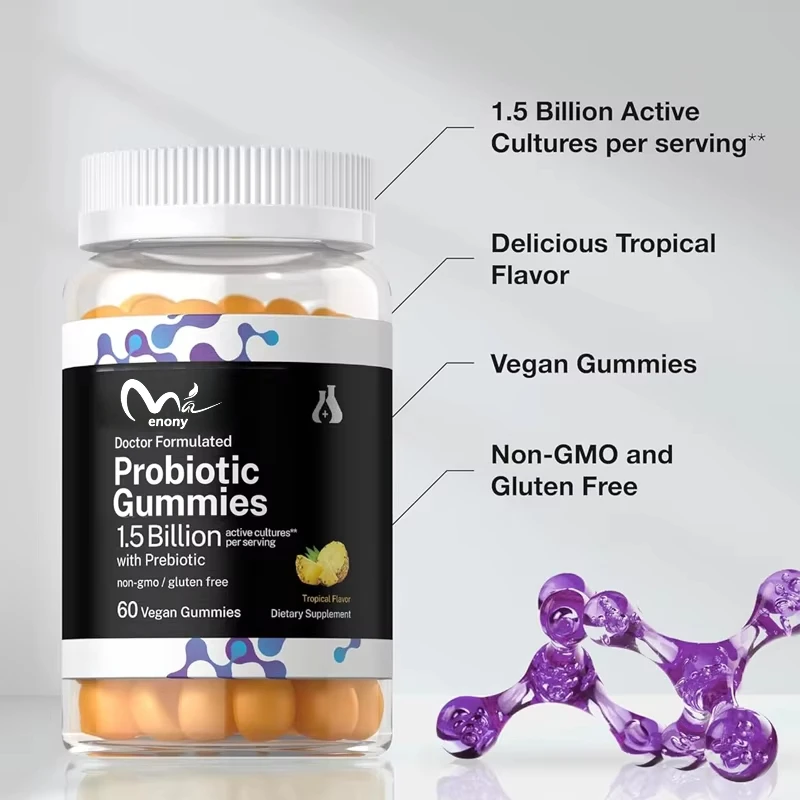 60 probiotic gummies with 1.5 billion effective cells, vegetarian, non GMO and gluten free, suitable for both men and women