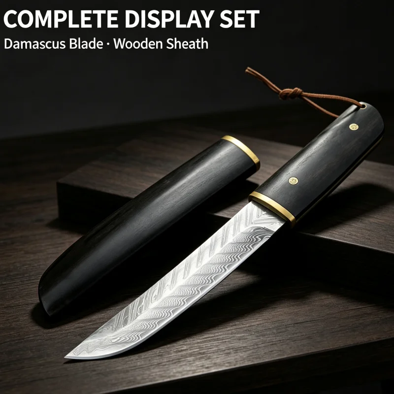 Gift Box Set Damascus Pattern Decor Collection Knife, Full Tang Wood Handle, Wooden Sheath Included
