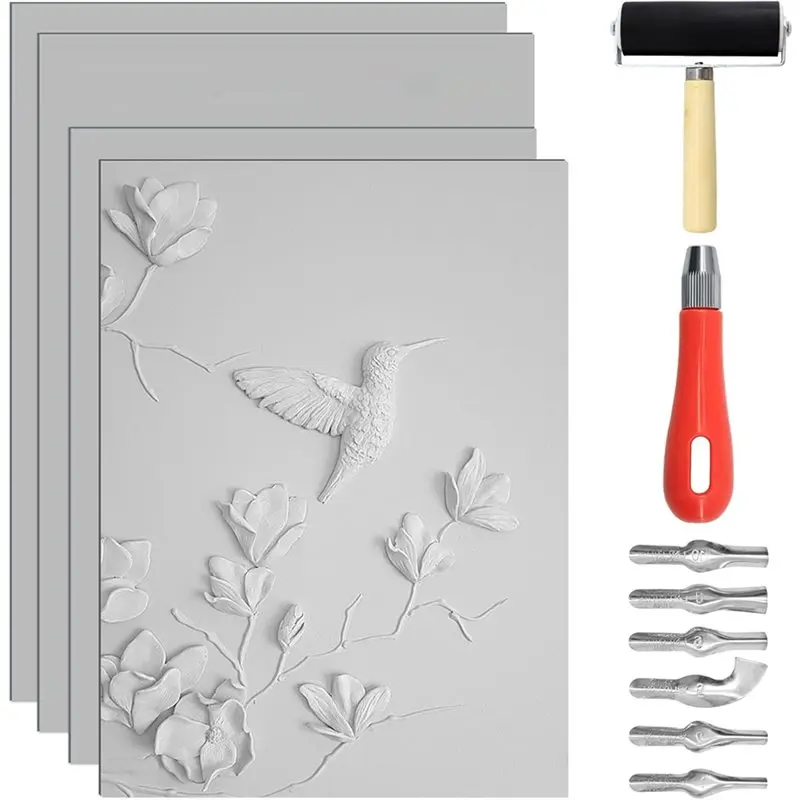 

ABGH-4Pcs Linoleum Blocks For Printmaking, 8"X10"And 9 X 12 Inch Soft Rubber Carving Block With Carving Cutting Tools