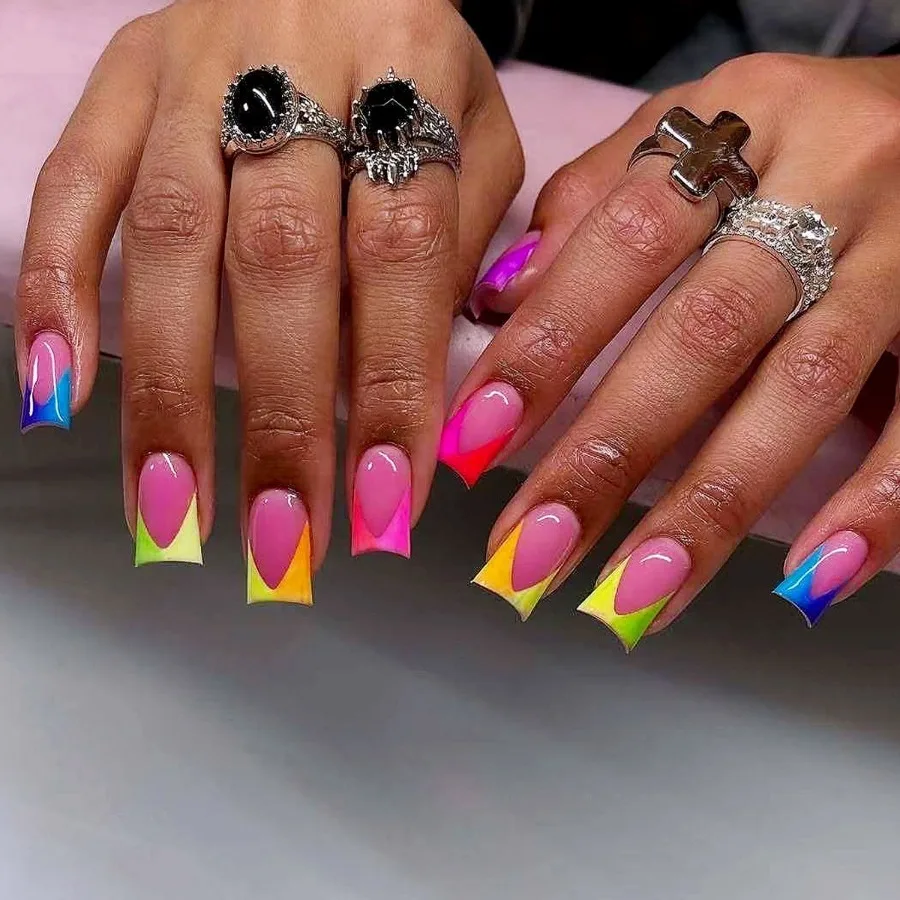 

24 pieces q European and American wearing nail pieces colorful gradual change French versatile duck bill fake nail removable nail patch
