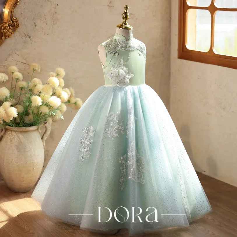 Mädchen-Abendkleid Grün Ärmellos Spitze Tüll Festkleid Kinder Hochzeit Geburtstag Party Ballkleider Für Mädchen A5094 – Detail 4