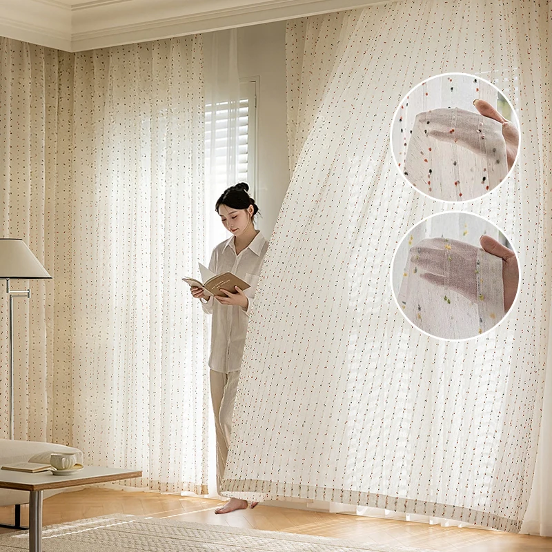 Cotton Linen Tulle Curtains Rainbow Candy Beans Pattern Sheer Gauze Curtain Cute Kids Room Curtains for Living Room and Bedroom
