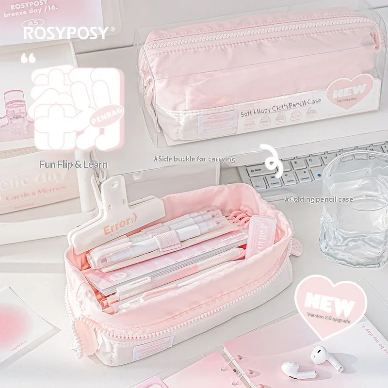 RosyPosy Pencil Case 2.0 Version Foldable Ins Style Large Capacity Stationery Organizer Bag With Side Clip Portable For Students