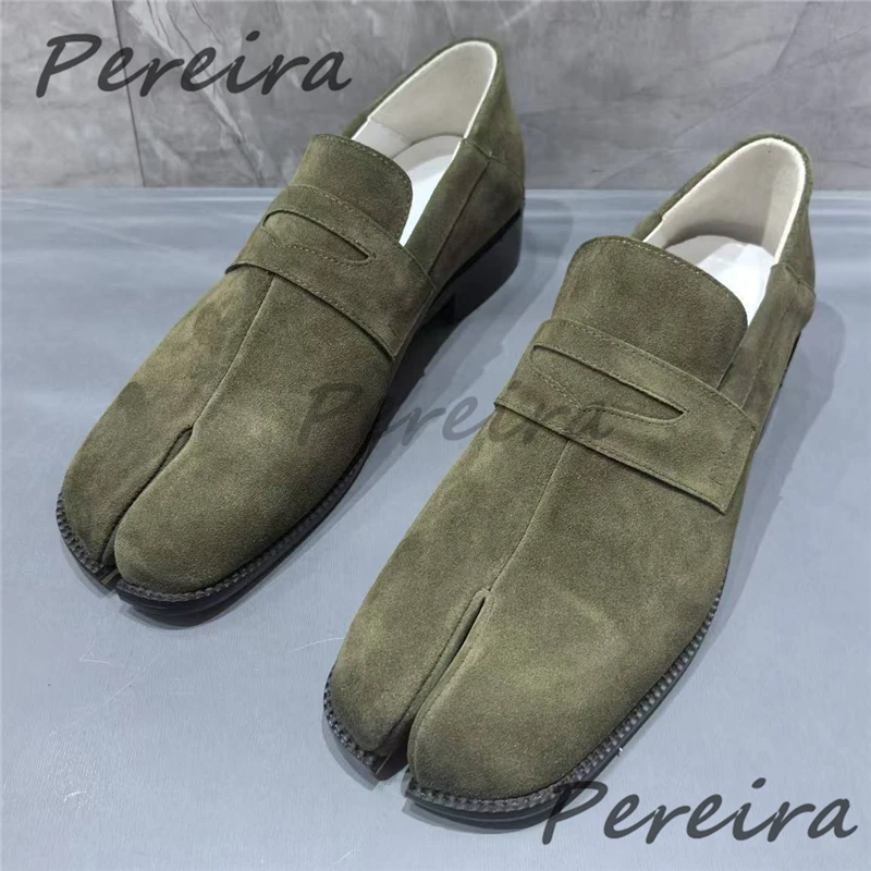 Retro Suede Split Toe Casual Business Shoes Niche Design Men's Square Toe Genuine Leather Slip-On Loafers Summer New Male Shoes