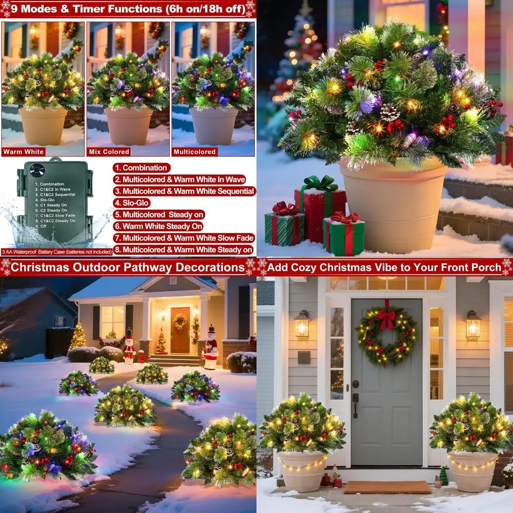 

24 Dual-Color Lighted Christmas Tree Outdoor Decor with Timer, 8 Lighting Modes, Snowy Pinecone & Berry Accents