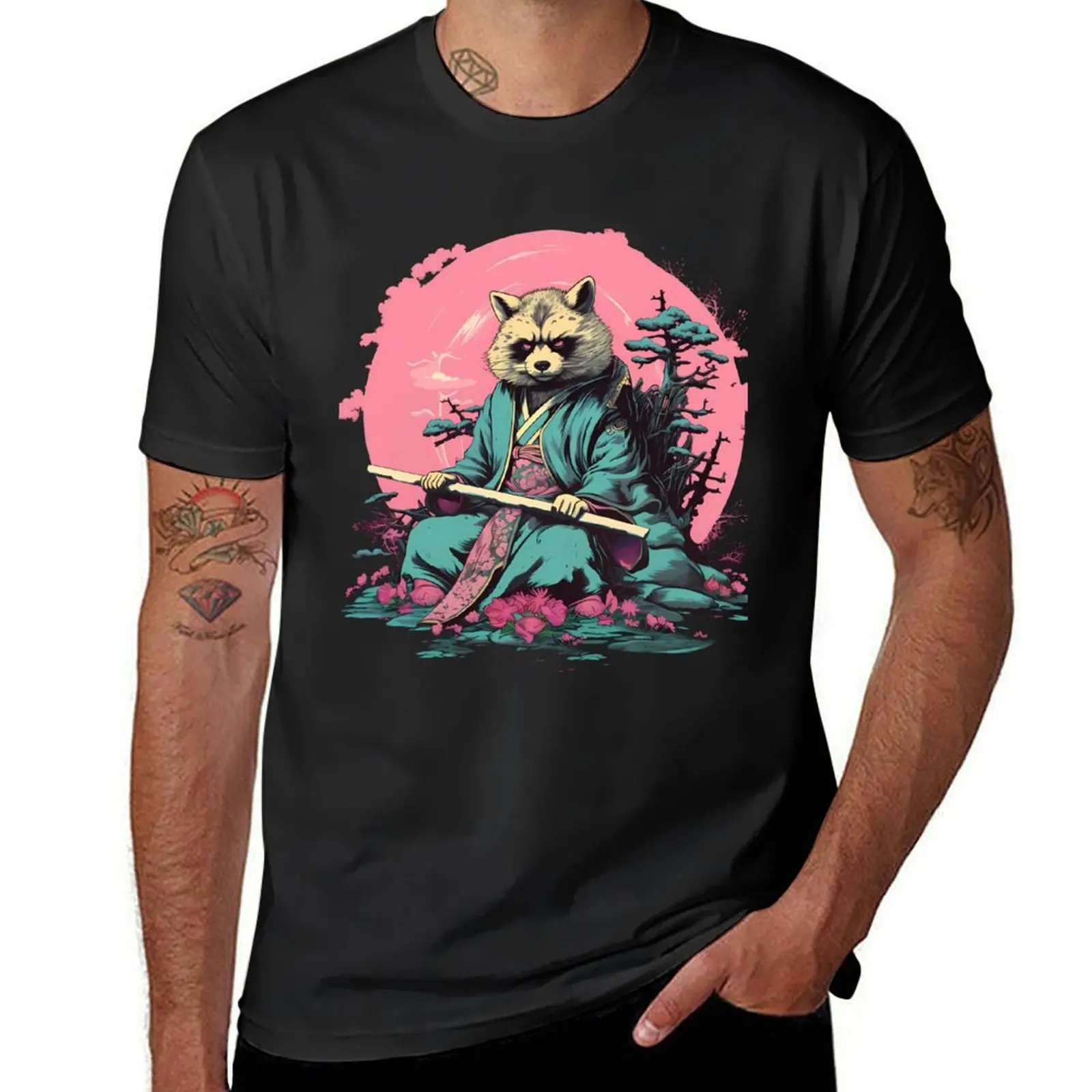 

Raccoon Dog Tanuki Ninja with Hanbō T-Shirt shirts graphic tees summer clothes hippie clothes fitted t shirts for men