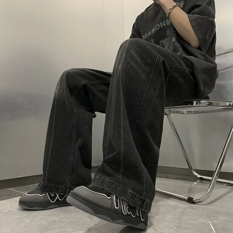 الرجال خمر جيوب فضفاضة المتعثرة غسلها المتعثرة عالية الخصر جان 2025 الصيف ابيض الصلبة كامل الجينز السراويل المستقيمة