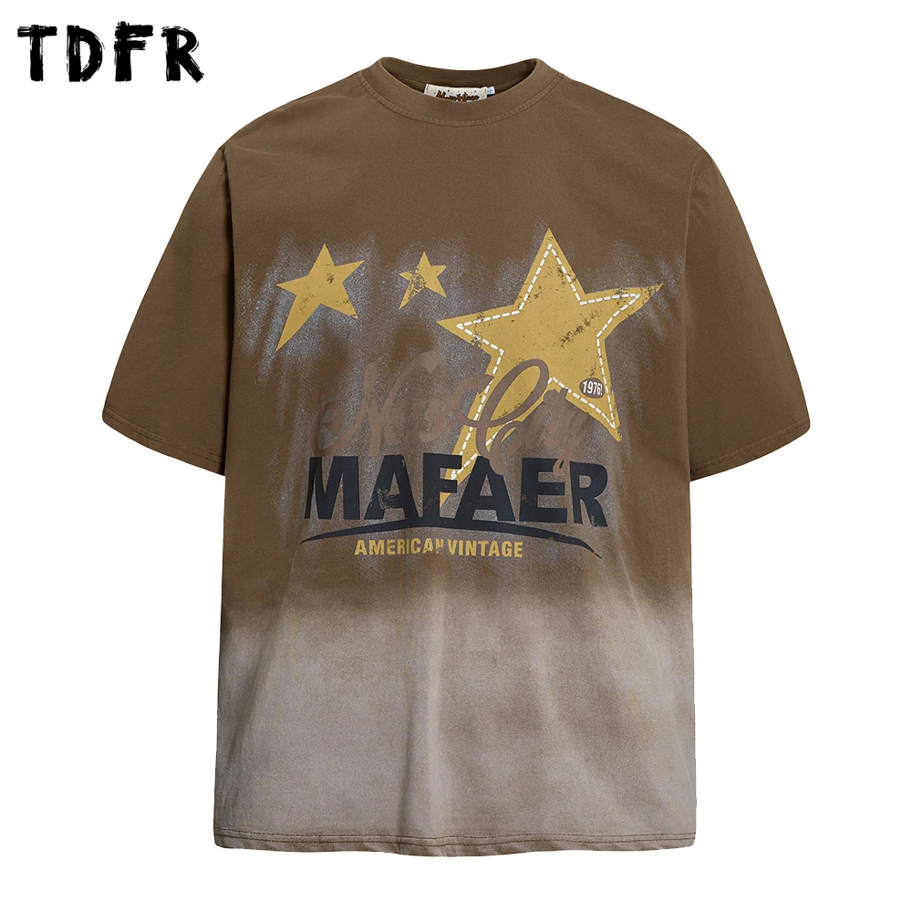 Five-pointed Star Print Short Sleeve T-shirt Mens Gradient Dyed Summer Retro Distressed Loose Crew Neck Half-Sleeve Cotton Tee