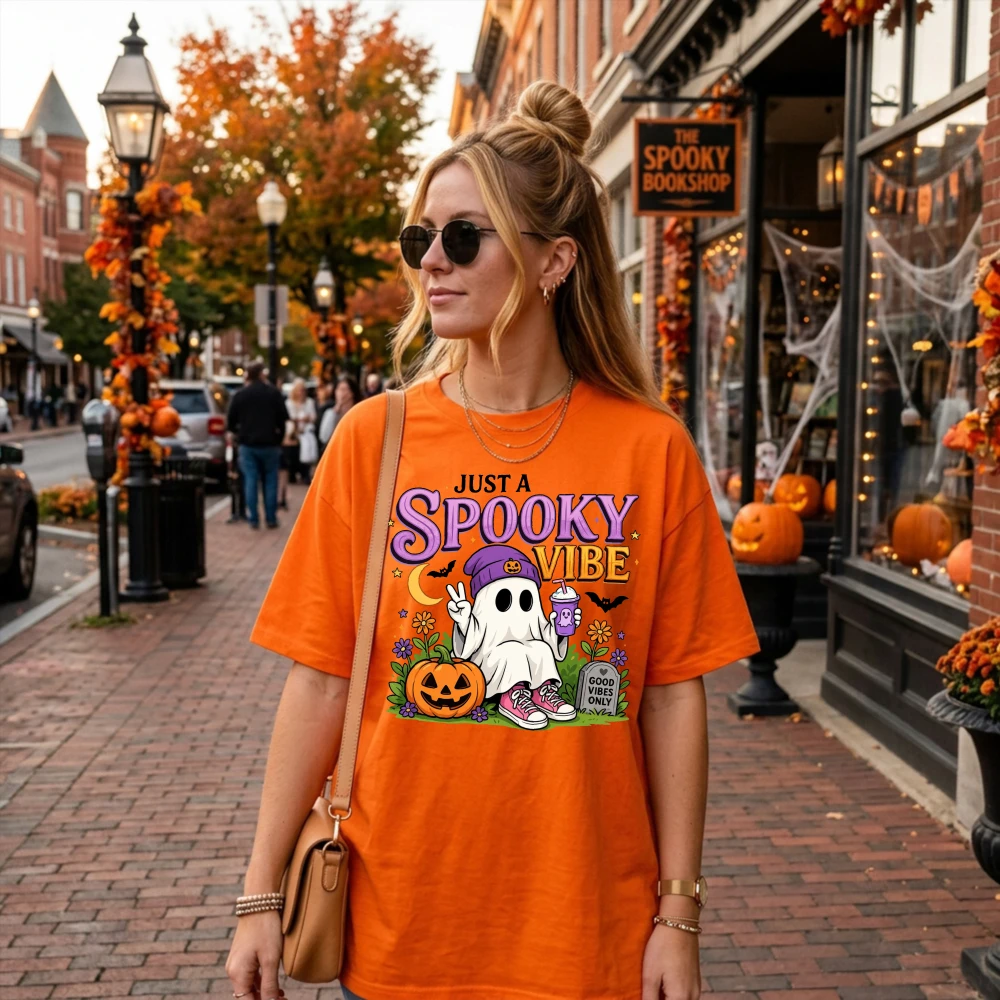 Just A Spooky Vibe Ghost Shirt Halloween Pumpkin Graphic T Shirts Women Vintage Cotton Short Sleeve Oversized Casual Tops