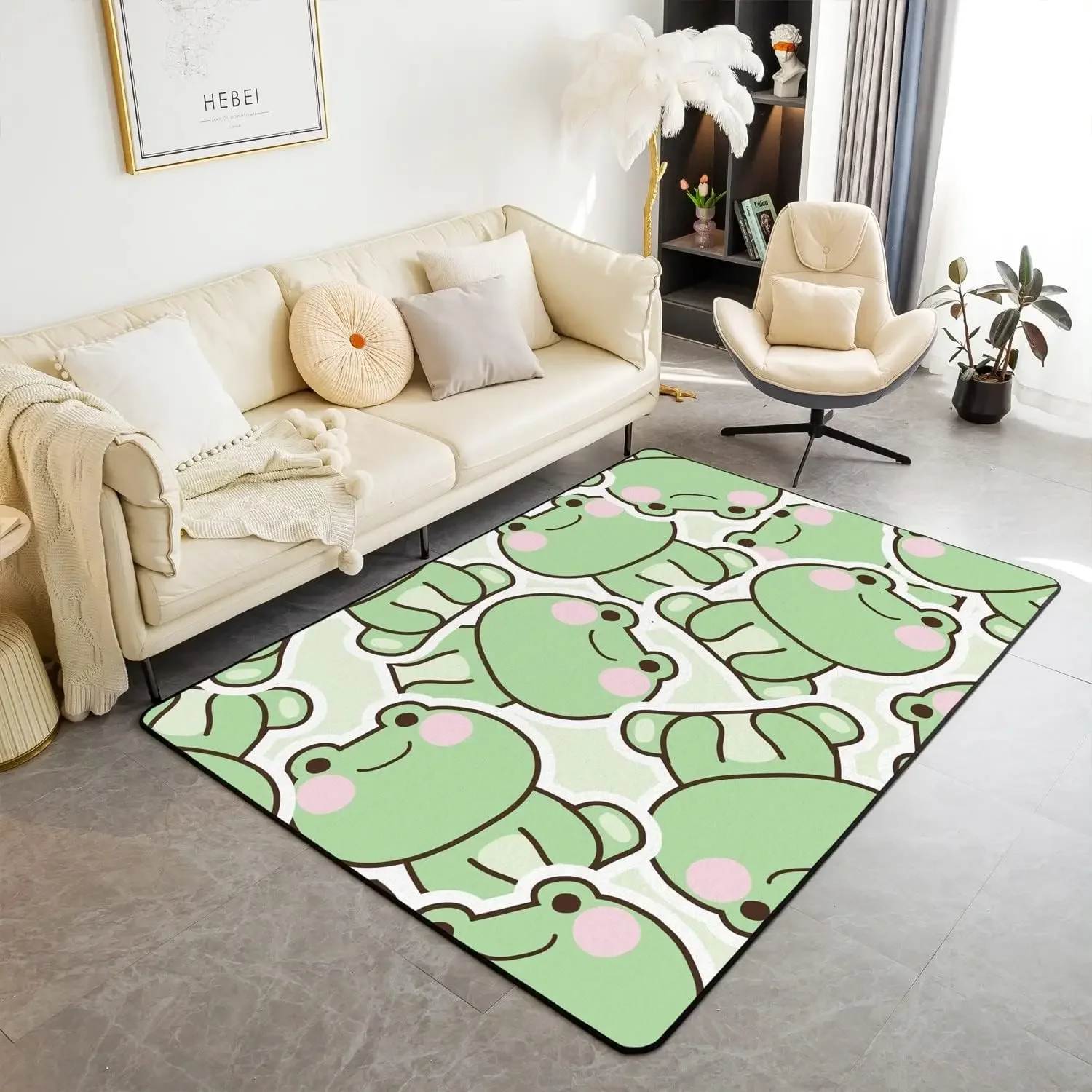 Cartoon Frog Rug for Kids Boy Girl Teen Kawaii Green Wild Animals Carpet, Cute Wildlife Farmhouse Funny Non Slip Decorative Rug