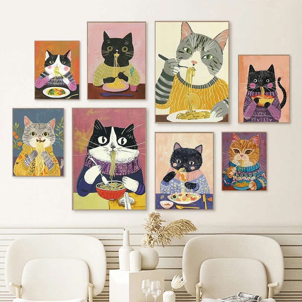 Póster Retro Abstracto con Estampado Folclórico de Gato Blanco y Negro Comiendo Pizza, Pintura en Lienzo para Decoración del Hogar, Cocina, Comedor, Pasta, Dibujos Animados