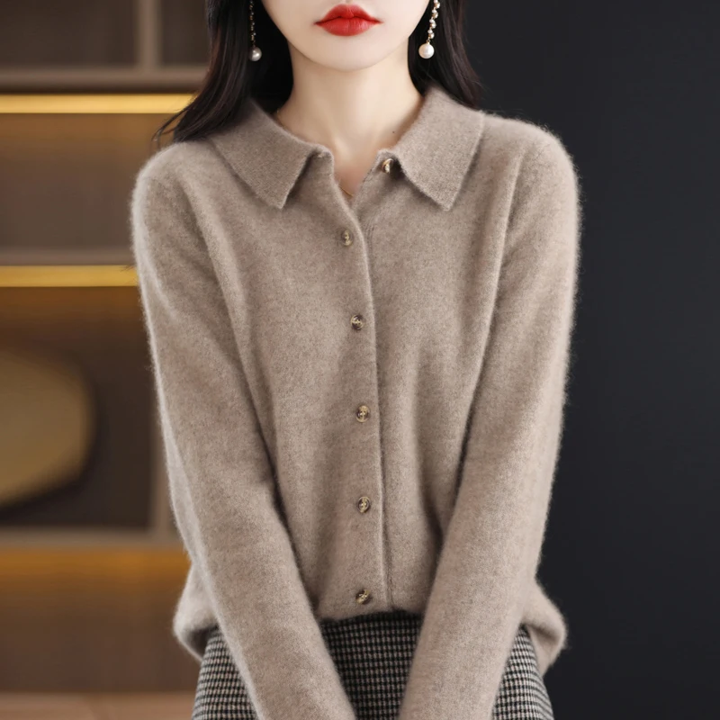 Spring And Autumn POLO Neck Sweater Knitted Shirt With Loose Long Sleeve 100% Wool Coat Cashmere Button Cardigan Style Jacket