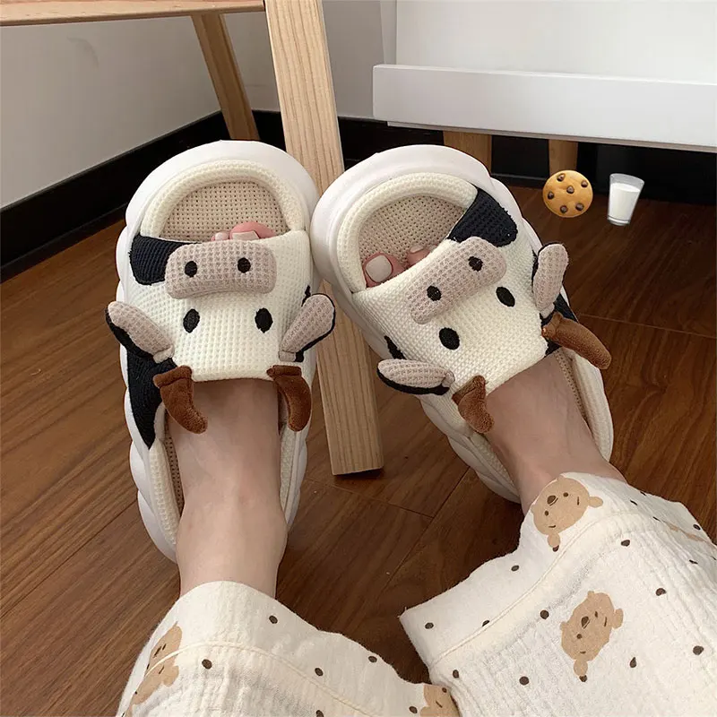 Cute Home Slippers for Women Breathable Open Toe Cow Shape Floor Shoes for Men Soft All Season Slippers for Unisex