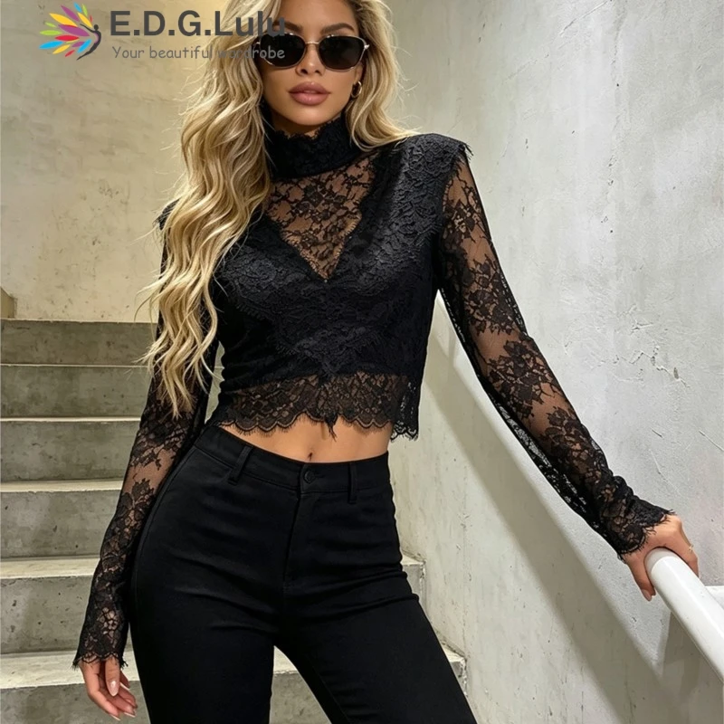 EDGLuLu Round Neck Long Sleeved Slim Top 2026 New Woman See Through Sexy Lace Embroidered Floral Top 0818