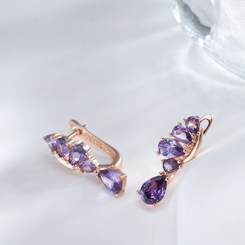 Wbmqda Luxury Fashion Purple Crystal Flower Drop Earrings For Women 585 Rose Gold Color Wedding Party Fine Zircon Jewelry Gifts