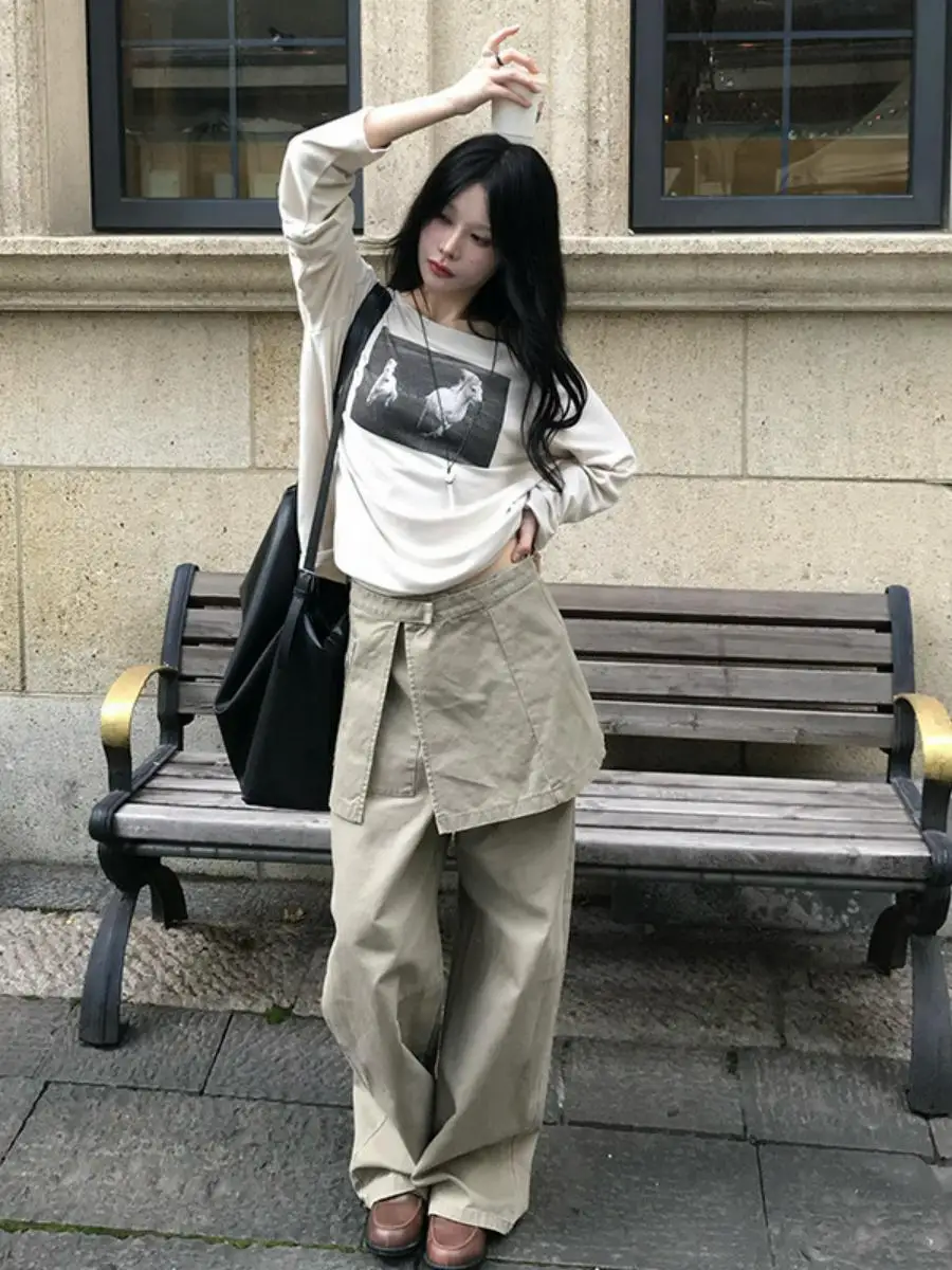 Korean Style High Waist Straight Leg Pants Women's Fake Two-Piece Apron Wide Leg Workwear Trousers Casual Floor-Length